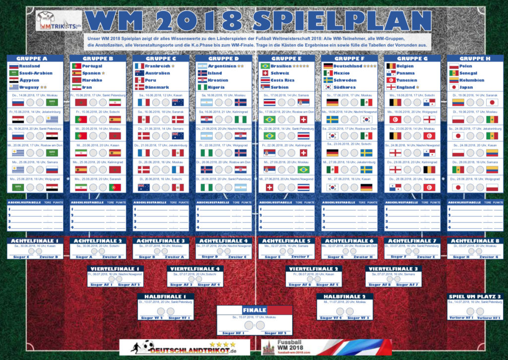 Der WM 2018 Spielplan als pdf-download in DIN A4 zum selbst ausdrucken und Ergebnisse tippen. Unser WM 2018 Spielplan zeigt dir alles Wissenswerte zu den Länderspielen der Fußball Weltmeisterschaft 2018: Alle WM-Teilnehmer, alle WM-Gruppen, die Anstoßzeiten, alle Veranstaltungsorte und die K.o.Phase bis zum WM-Finale. Trage in die Kästen die Ergebnisse ein sowie fülle die Tabellen der Vorrunde aus.