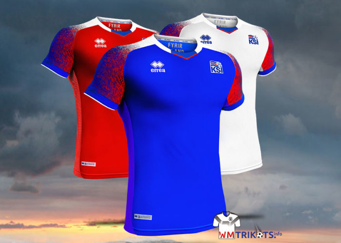 Die neuen Island WM Trikots 2018 von errea – blau ist das Heimtrikot, weiß das Awaytrikot und rot ist das Torwarttrikot (eigenartiger Weise kurzärmelig).18